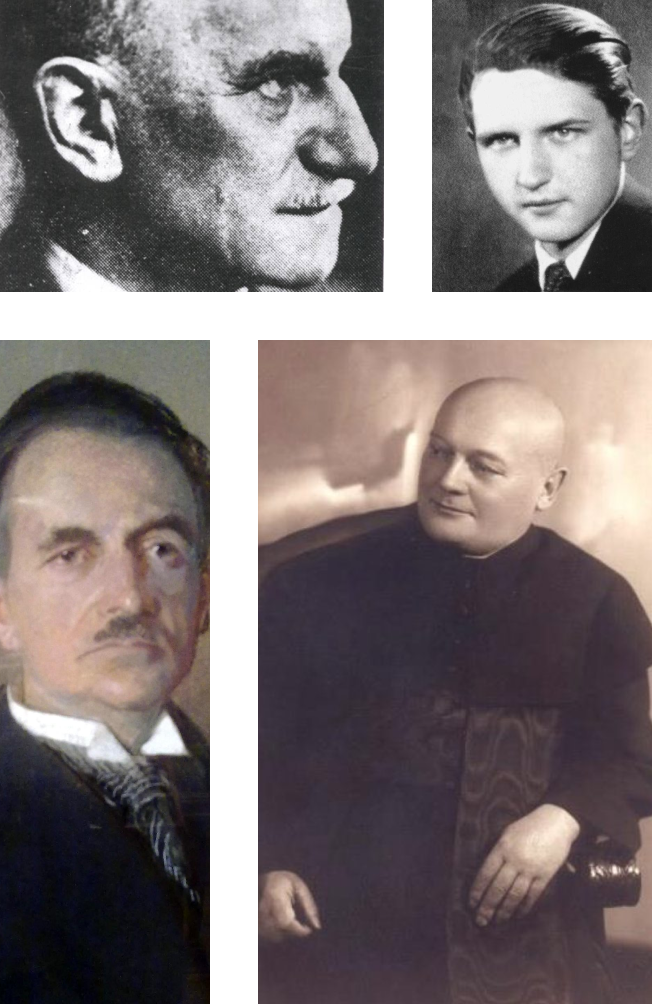 Kolaż z portretami: Celestyna Rydlewskiego, Romualda Paczkowskiego, Jarogniewa Wojciechowskiego, księdza Narcysa Putza